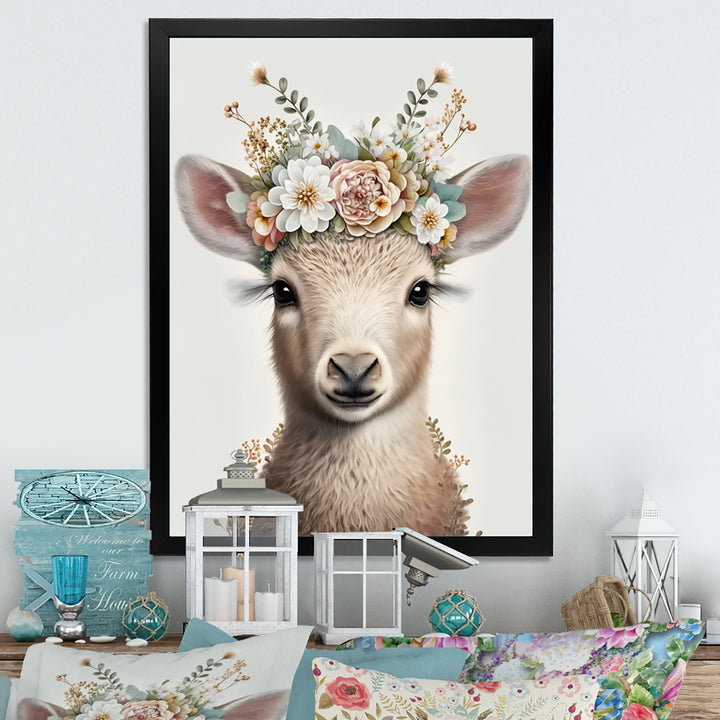 Cute Baby Sheep With Floral Crown - Sheep Living Room Wall Art