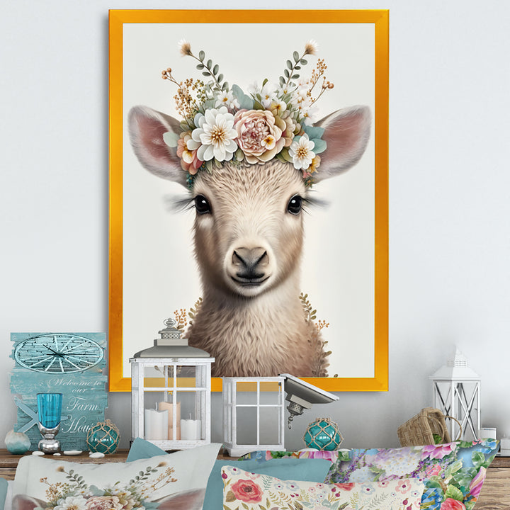 Cute Baby Sheep With Floral Crown - Sheep Living Room Wall Art