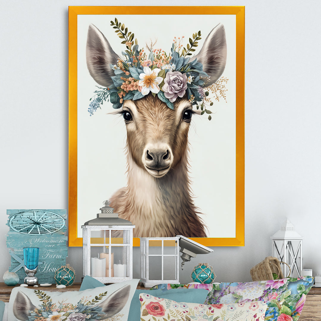 Cute Baby Goat With Floral Crown - Goat Canvas Wall Art