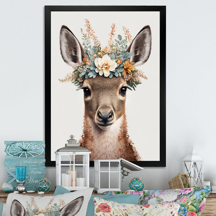 Cute Baby Kangaroo With Floral Crown - Kangaroo Canvas Wall Art