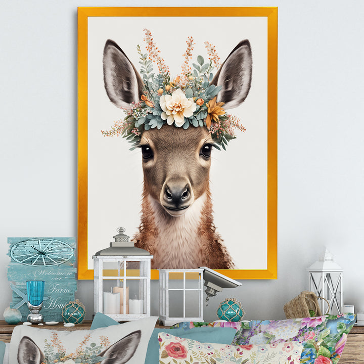 Cute Baby Kangaroo With Floral Crown - Kangaroo Canvas Wall Art