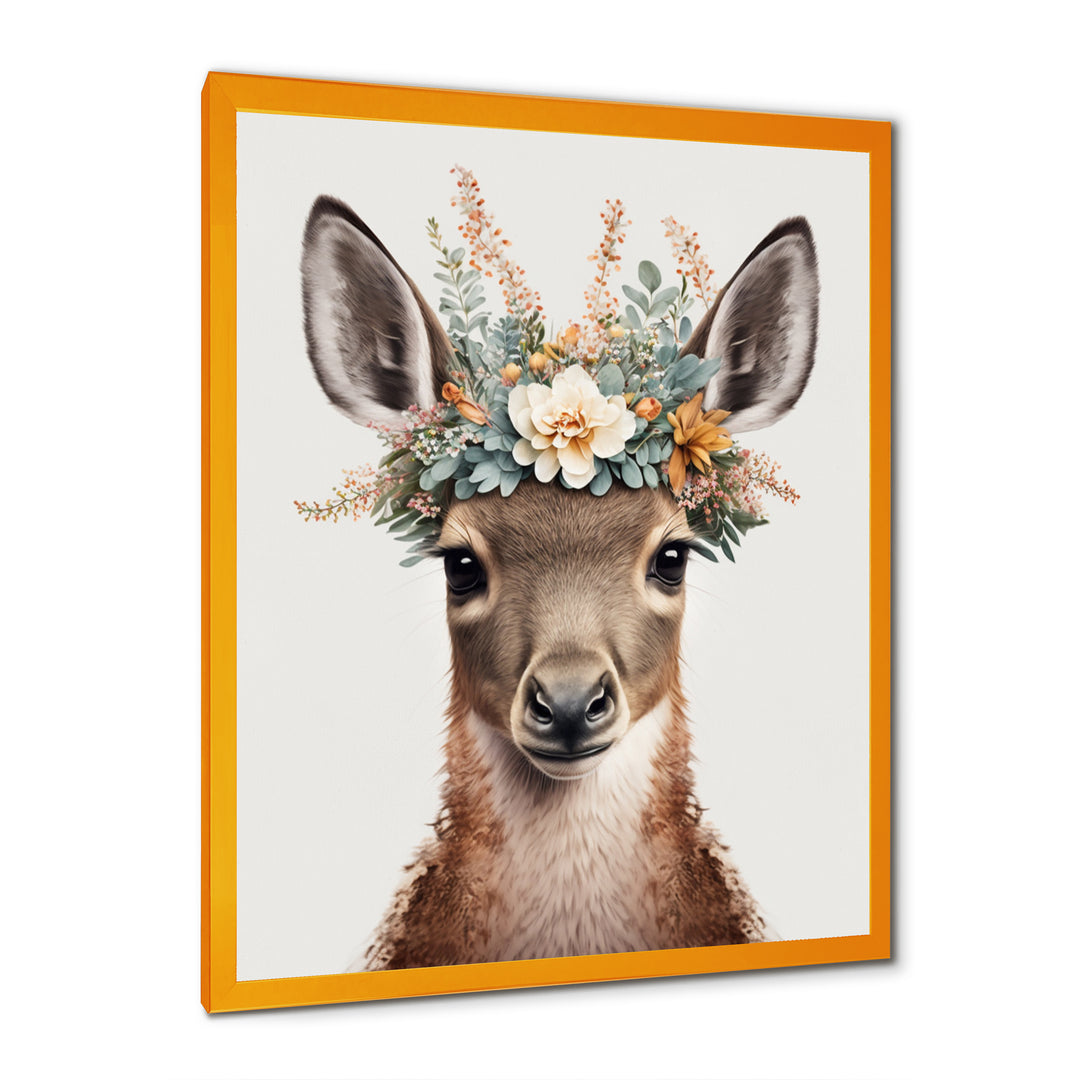 Cute Baby Kangaroo With Floral Crown - Kangaroo Canvas Wall Art