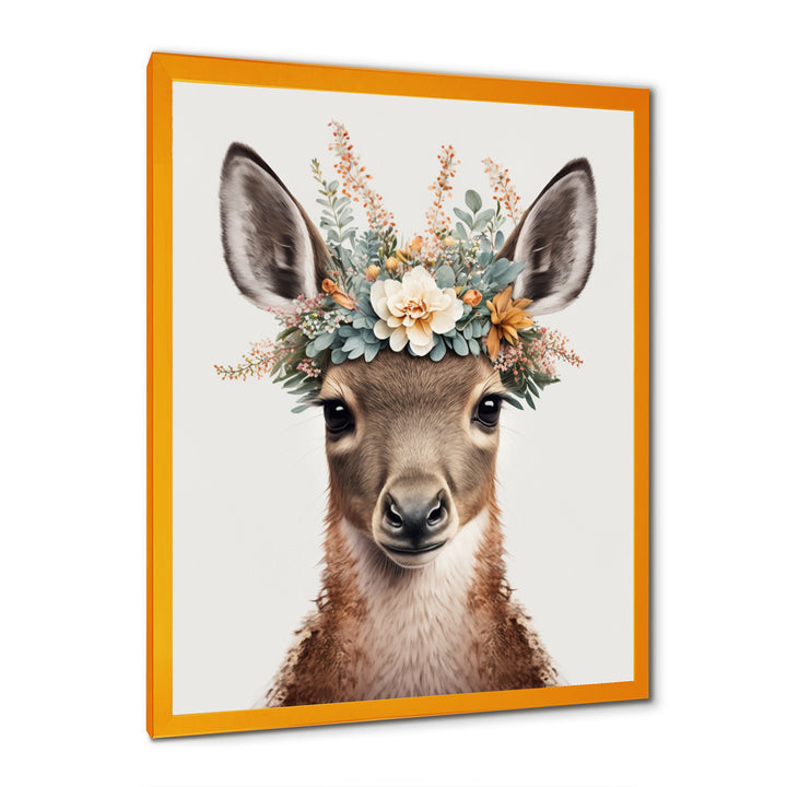 Cute Baby Kangaroo With Floral Crown - Kangaroo Canvas Wall Art