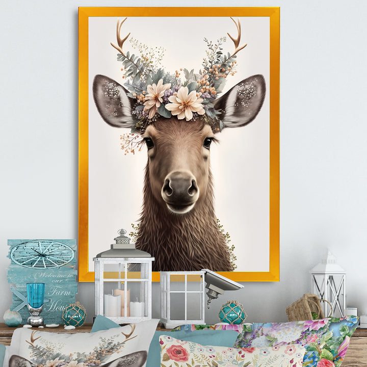 Cute Baby Moose With Floral Crown - Moose Landscape Mountains Wall Decor