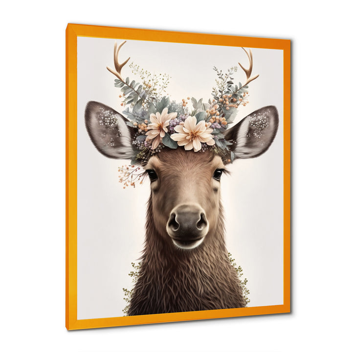 Cute Baby Moose With Floral Crown - Moose Landscape Mountains Wall Decor