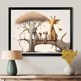 Giraffe And Elephant With Kids - Animals Canvas Wall Art