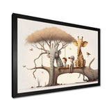 Giraffe And Elephant With Kids - Animals Canvas Wall Art