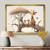 Giraffe And Elephant With Kids - Animals Canvas Wall Art