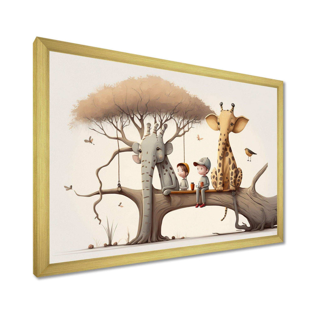 Giraffe And Elephant With Kids - Animals Canvas Wall Art