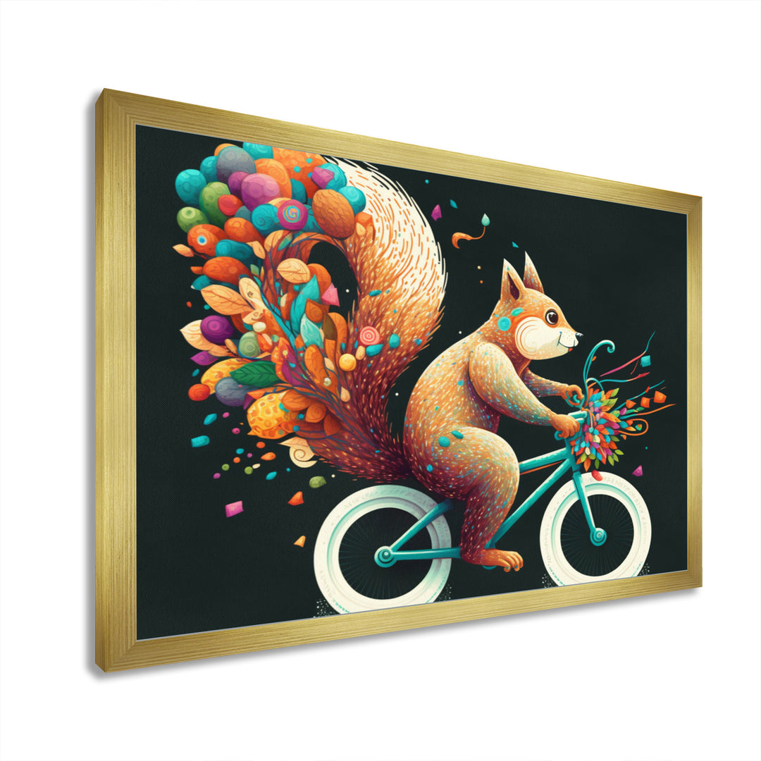 Colorful Squirrel Riding Bike - Squirrel Framed Canvas Art