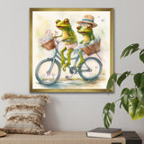 Green Frogs Riding A Bike - Frog Large Canvas Wall Art
