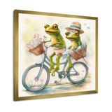 Green Frogs Riding A Bike - Frog Large Canvas Wall Art