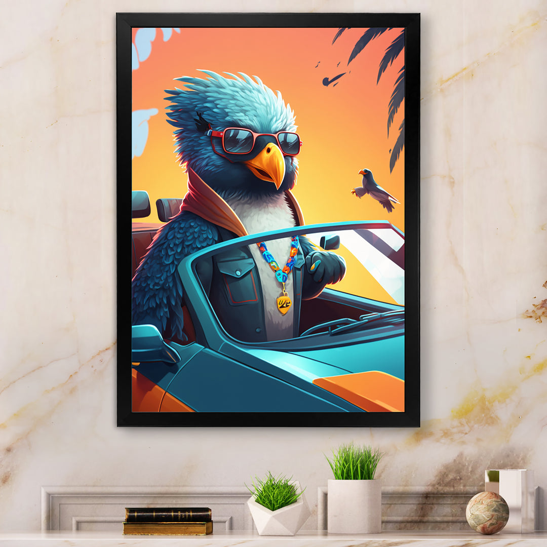 Blue Bird Wearing Sunglasses In Sportscar - Bird Fashion Home Decor Art