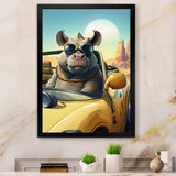 Grey Rhino Wearing Sunglasses In Sportscar - Rhino Wall Decor