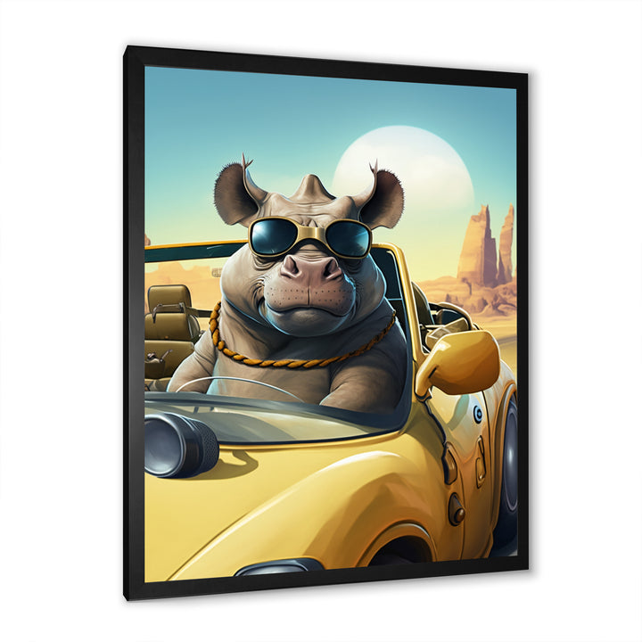 Grey Rhino Wearing Sunglasses In Sportscar - Rhino Wall Decor