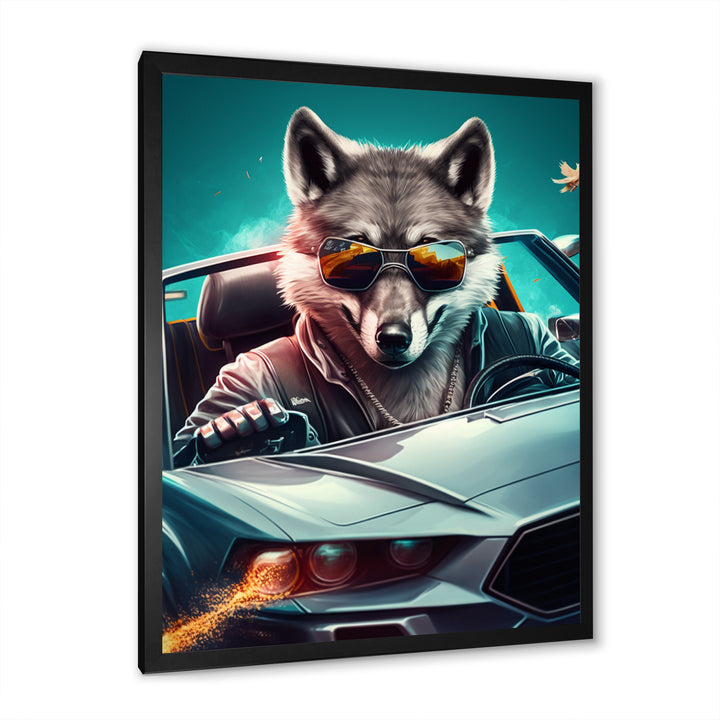 Grey Wolf Wearing Sunglasses in Sportscar - Wolf Wall Decor
