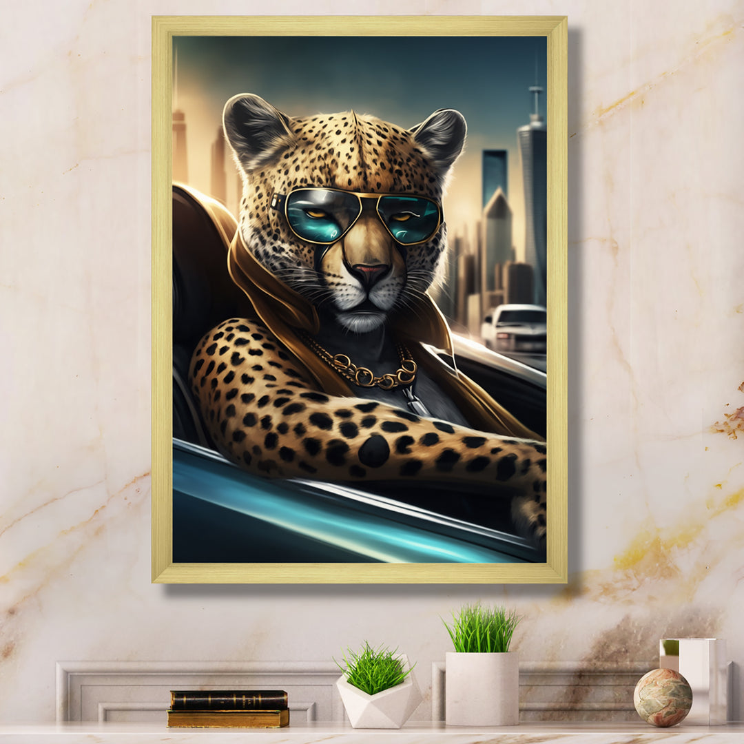 Yellow Leopard Wearing Sunglasses In Sportscar - Yellow Leopard Wall Art