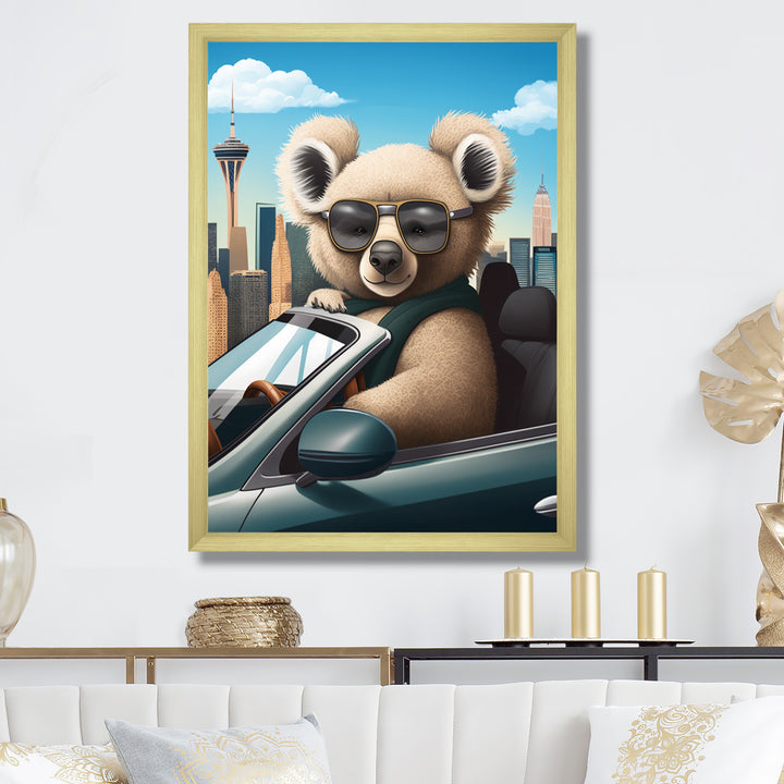 Grey Koala Wearing Sunglasses In Sportscar - Gray Koala Wall Art