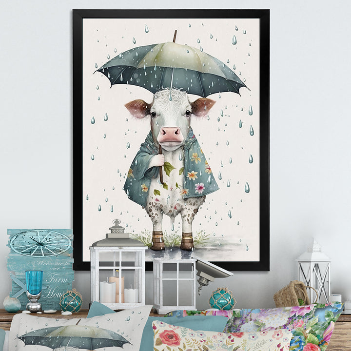 Cute Cow With Umbrella Rainy Day - Cow Wall Decor