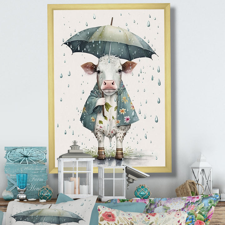 Cute Cow With Umbrella Rainy Day - Cow Wall Decor