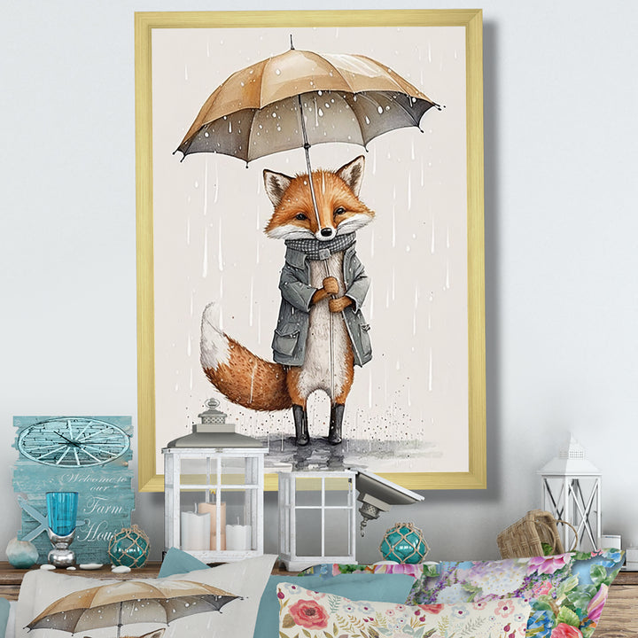 Cute Fox With Umbrella Rainy Day - Fox Wall Decor