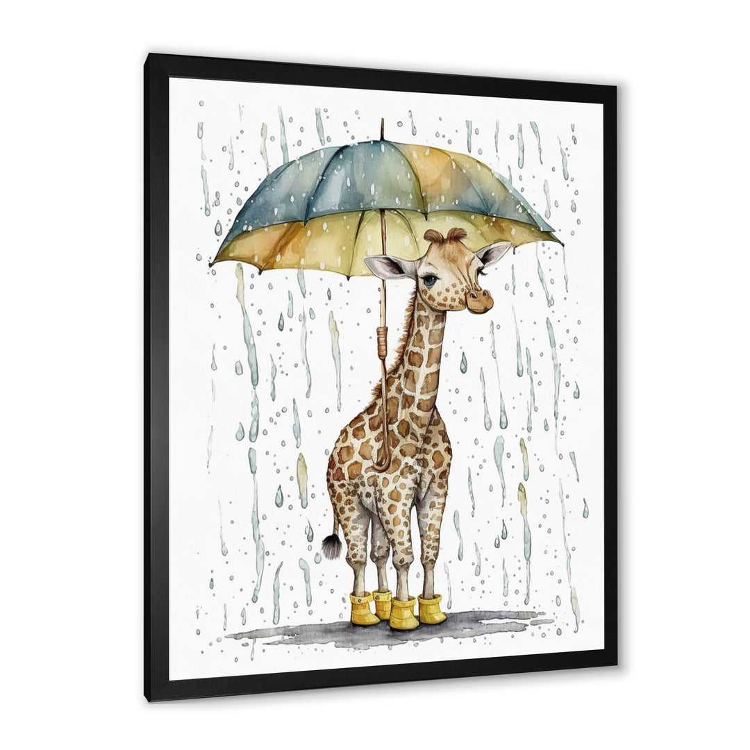 Cute Giraffe With Umbrella Rainy Day - Giraffe Wall Art Prints