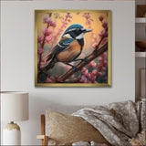 Blue Bird On A Branch - Bird Floral Framed Canvas Art