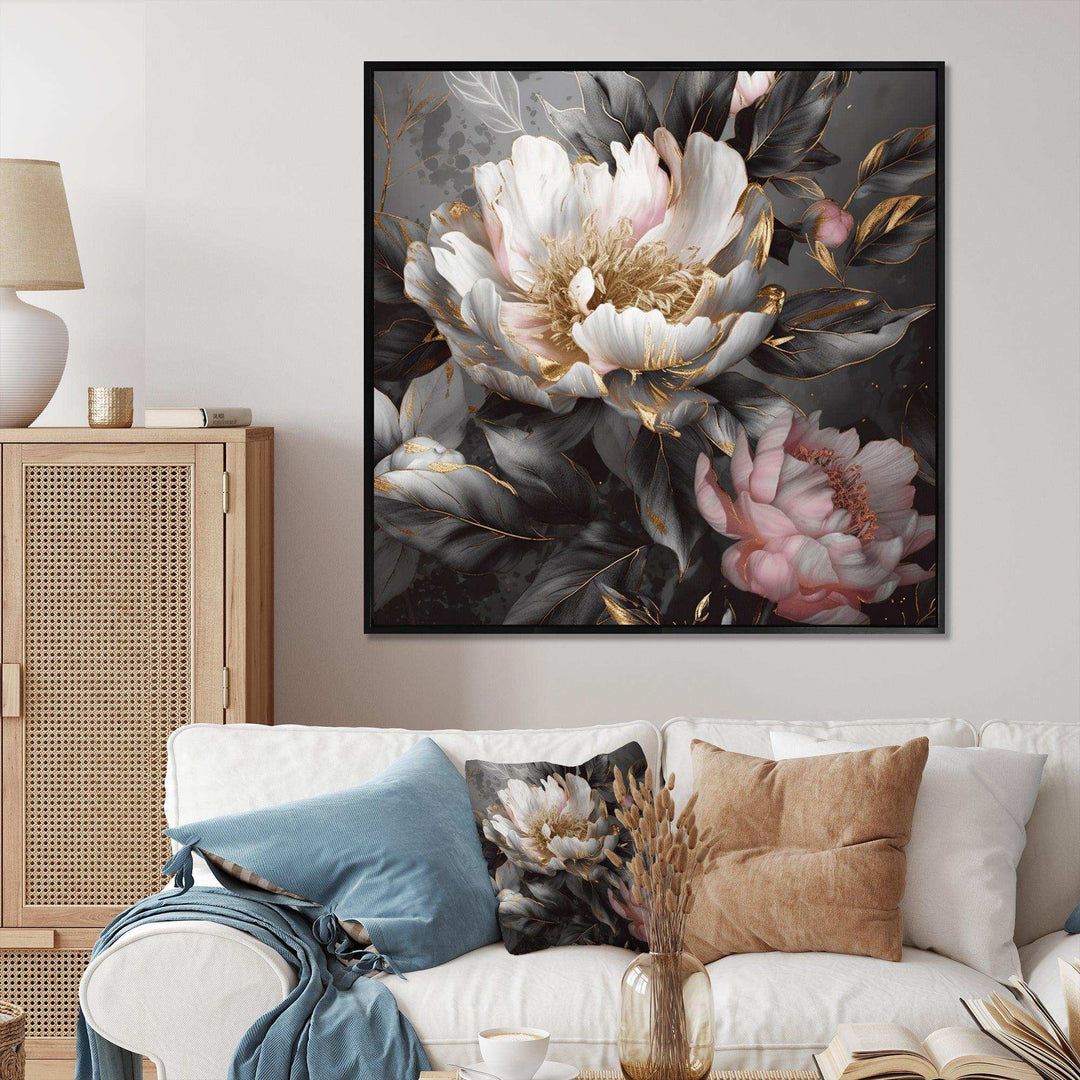 Pink Grey Peonies Blooming II - Floral Canvas Wall Art