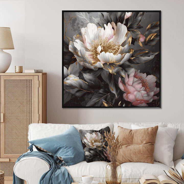Pink Grey Peonies Blooming II - Floral Canvas Wall Art
