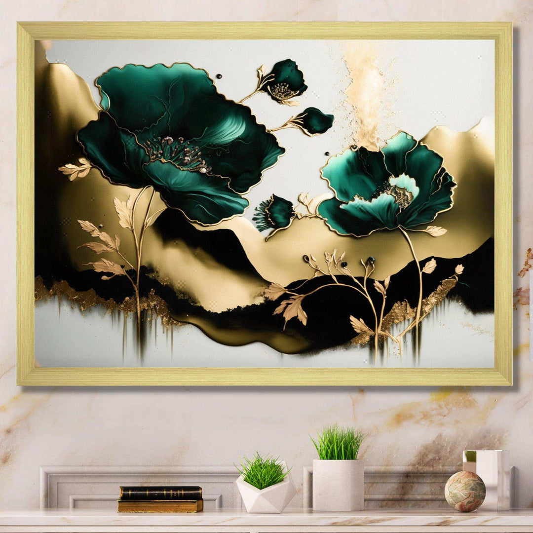 Gold And Green Poppy Floral Euphoria II - Floral Canvas Wall Art