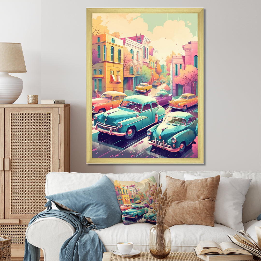 Green And Coral Retro Roadsters - Cars Retro Canvas Wall Art