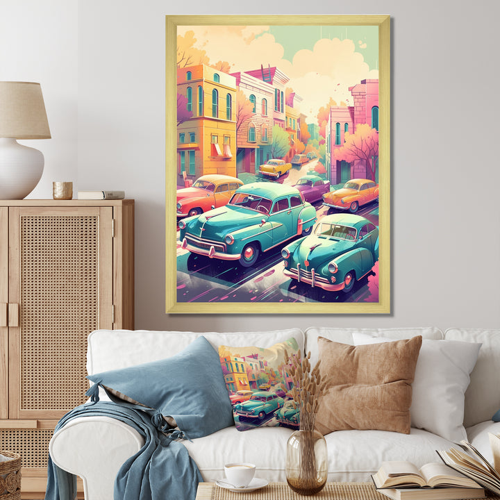 Green And Coral Retro Roadsters - Cars Retro Canvas Wall Art