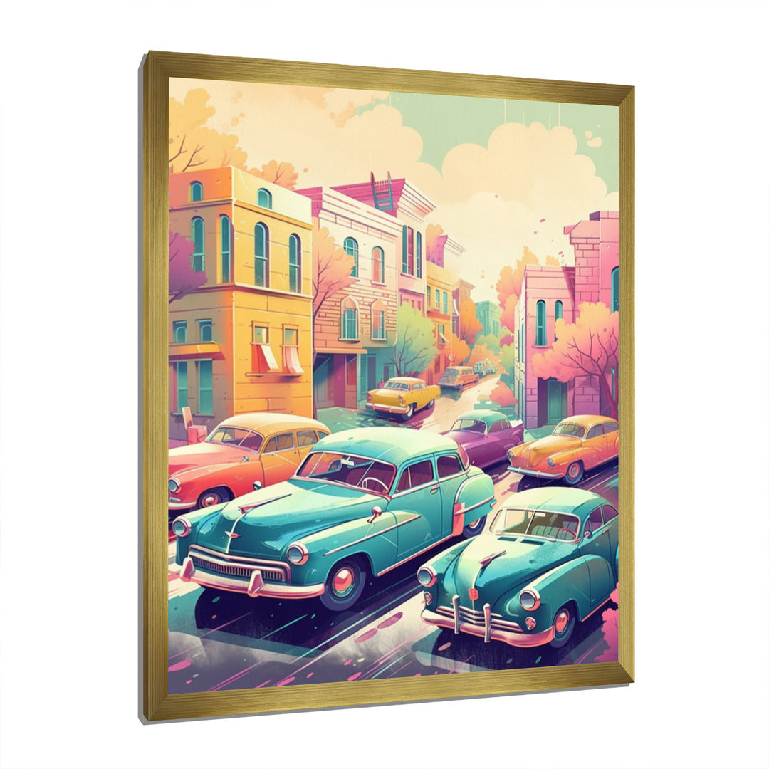 Green And Coral Retro Roadsters - Cars Retro Canvas Wall Art