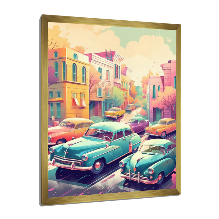Green And Coral Retro Roadsters - Cars Retro Canvas Wall Art
