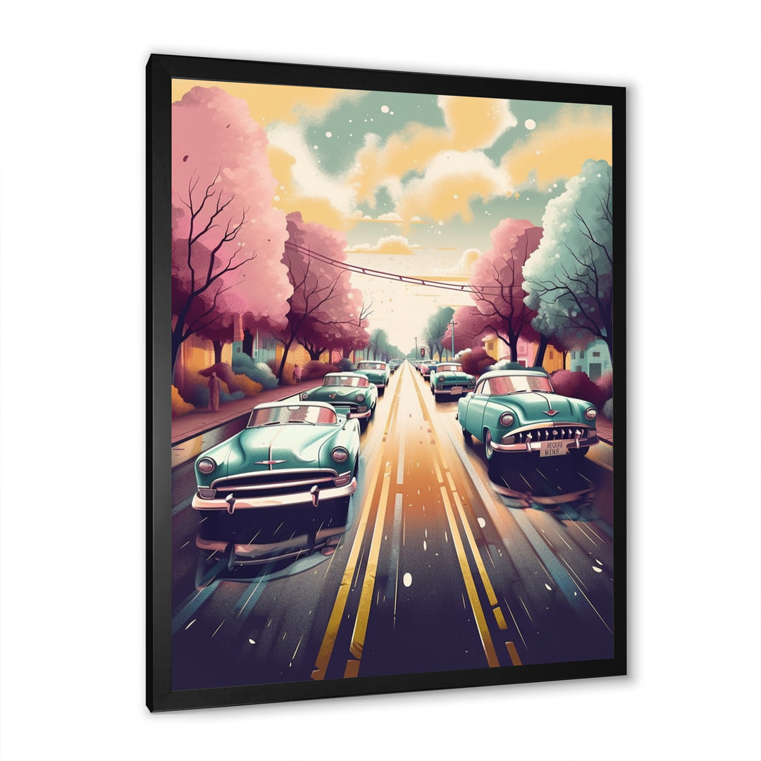 Green And Pink Retro Roadsters - Cars Retro Canvas Wall Art