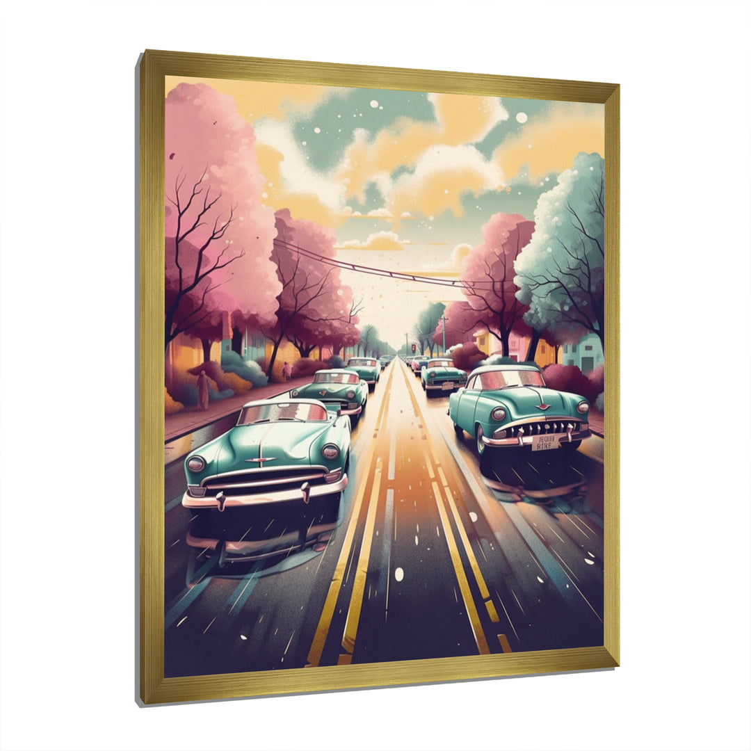 Green And Pink Retro Roadsters - Cars Retro Canvas Wall Art