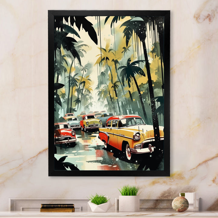 Yellow And Black Cars In Tropical Paradise - Cars Retro Canvas Wall Art
