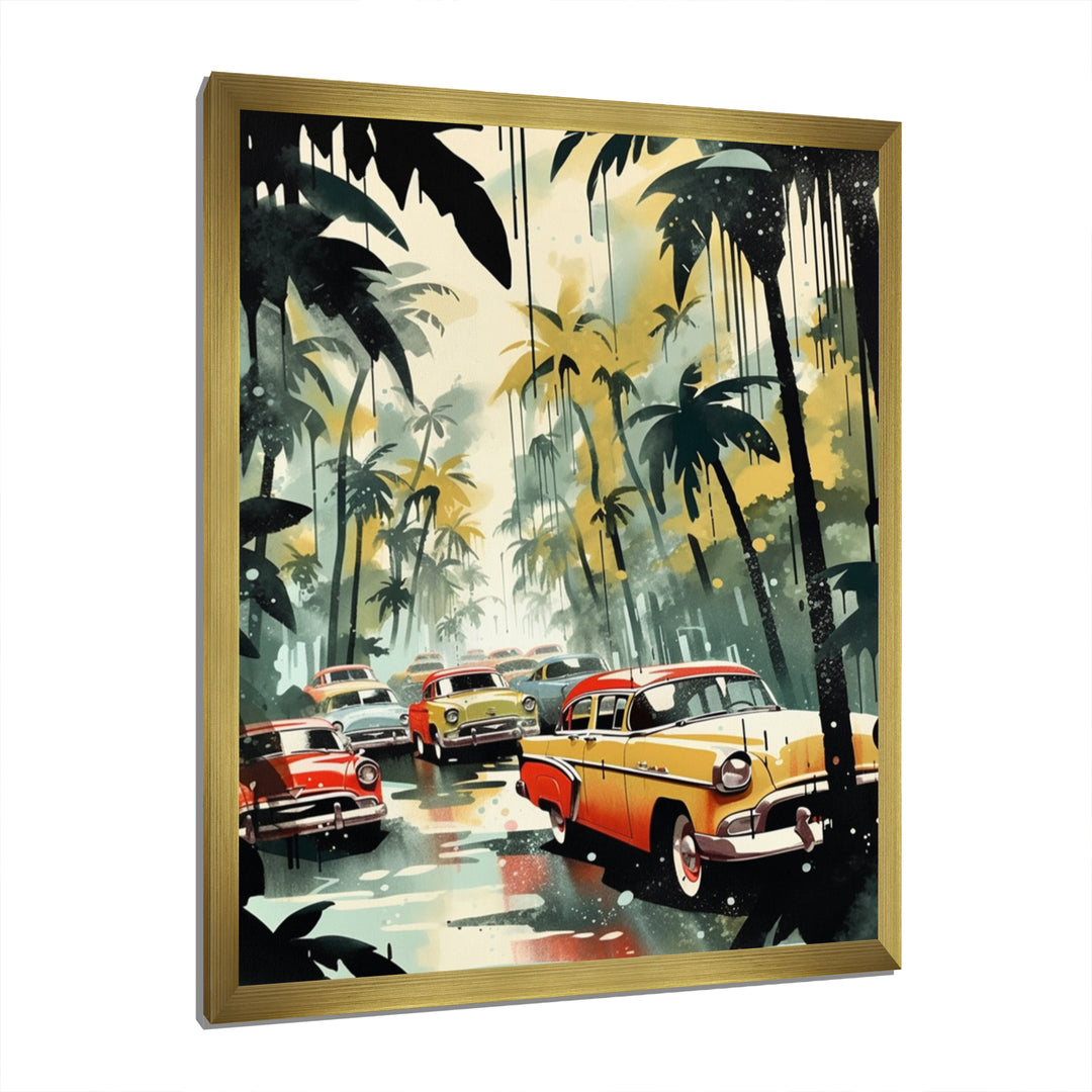 Yellow And Black Cars In Tropical Paradise - Cars Retro Canvas Wall Art