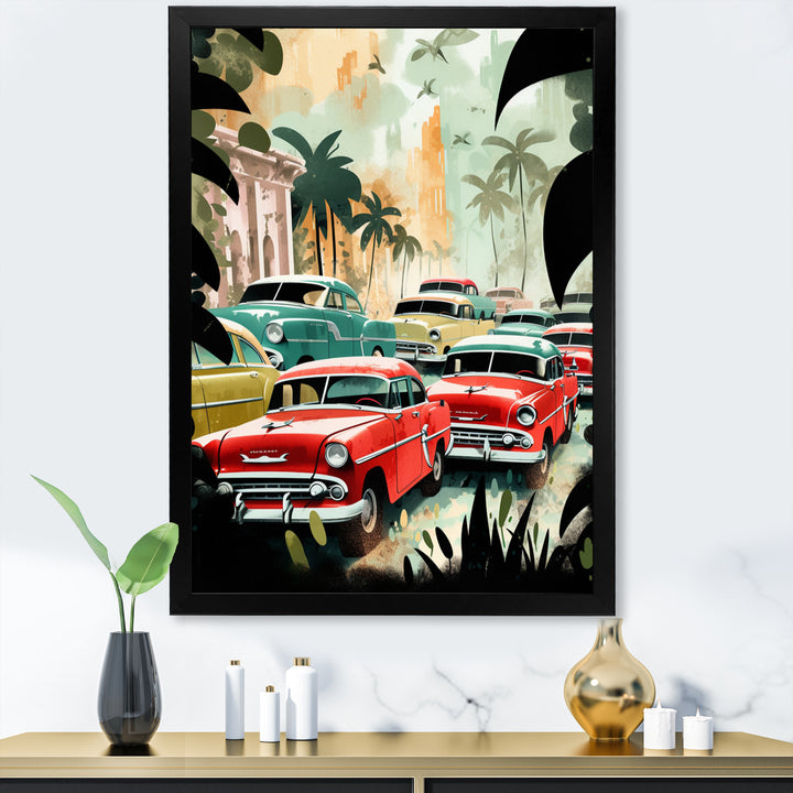 Red And Green Retro Cars In Tropical Paradise - Cars Retro Canvas Wall Art