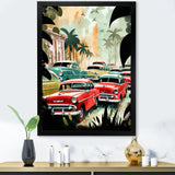 Red And Green Retro Cars In Tropical Paradise - Cars Retro Canvas Wall Art