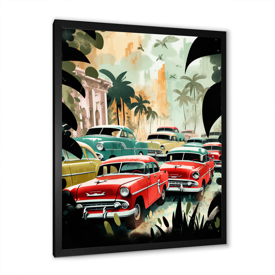 Red And Green Retro Cars In Tropical Paradise - Cars Retro Canvas Wall Art