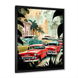 Red And Green Retro Cars In Tropical Paradise - Cars Retro Canvas Wall Art