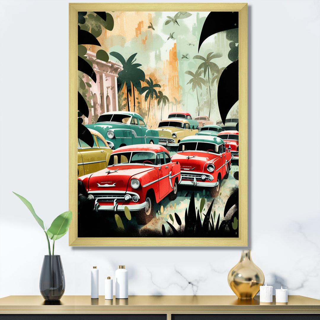 Red And Green Retro Cars In Tropical Paradise - Cars Retro Canvas Wall Art
