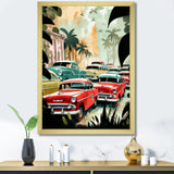 Red And Green Retro Cars In Tropical Paradise - Cars Retro Canvas Wall Art