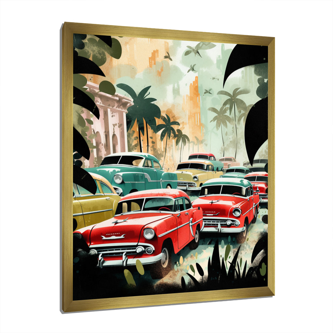Red And Green Retro Cars In Tropical Paradise - Cars Retro Canvas Wall Art