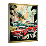 Red And Green Retro Cars In Tropical Paradise - Cars Retro Canvas Wall Art