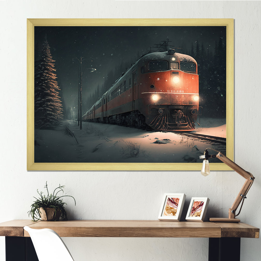 Train In Snowstorm - Transportation Train Canvas Wall Art