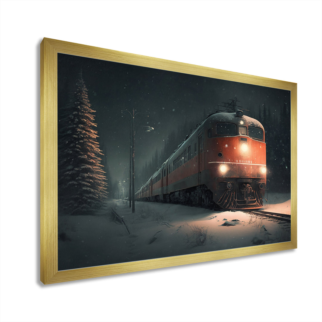 Train In Snowstorm - Transportation Train Canvas Wall Art