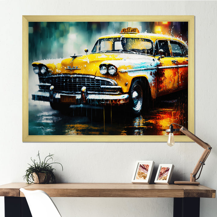 Taxi In The Rain` I - Cars Retro Canvas Wall Art
