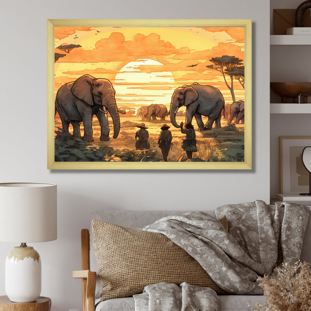 Yellow African Safari With Elephants - Elephant Large Canvas Wall Art